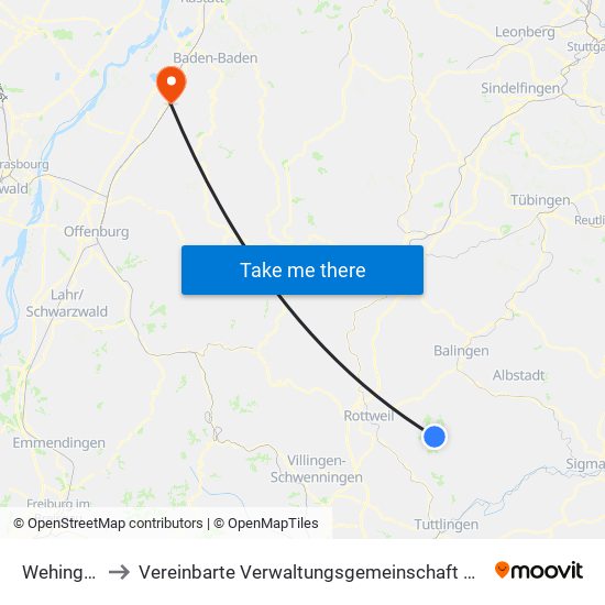 Wehingen to Vereinbarte Verwaltungsgemeinschaft Bühl map