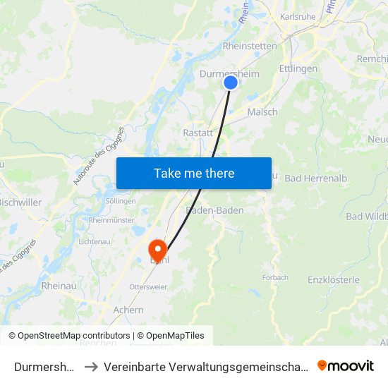 Durmersheim to Vereinbarte Verwaltungsgemeinschaft Bühl map