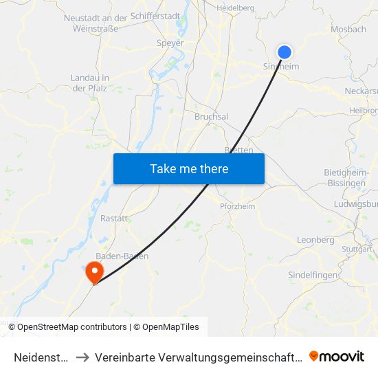 Neidenstein to Vereinbarte Verwaltungsgemeinschaft Bühl map