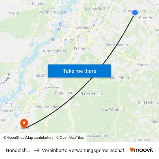 Gondelsheim to Vereinbarte Verwaltungsgemeinschaft Bühl map