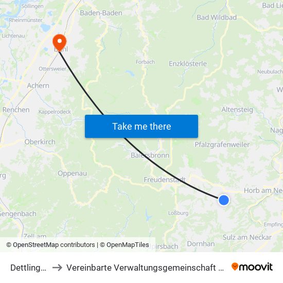 Dettlingen to Vereinbarte Verwaltungsgemeinschaft Bühl map