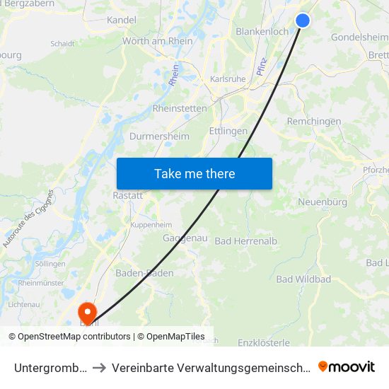 Untergrombach to Vereinbarte Verwaltungsgemeinschaft Bühl map