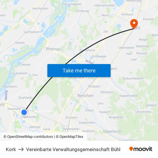 Kork to Vereinbarte Verwaltungsgemeinschaft Bühl map