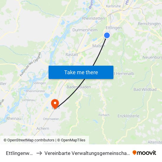 Ettlingenweier to Vereinbarte Verwaltungsgemeinschaft Bühl map