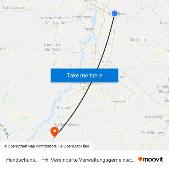 Handschuhsheim to Vereinbarte Verwaltungsgemeinschaft Bühl map