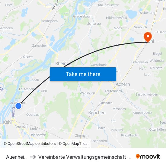 Auenheim to Vereinbarte Verwaltungsgemeinschaft Bühl map