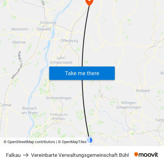 Falkau to Vereinbarte Verwaltungsgemeinschaft Bühl map