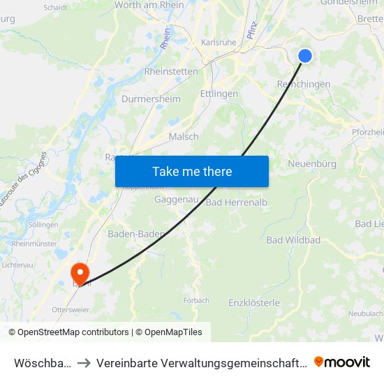 Wöschbach to Vereinbarte Verwaltungsgemeinschaft Bühl map