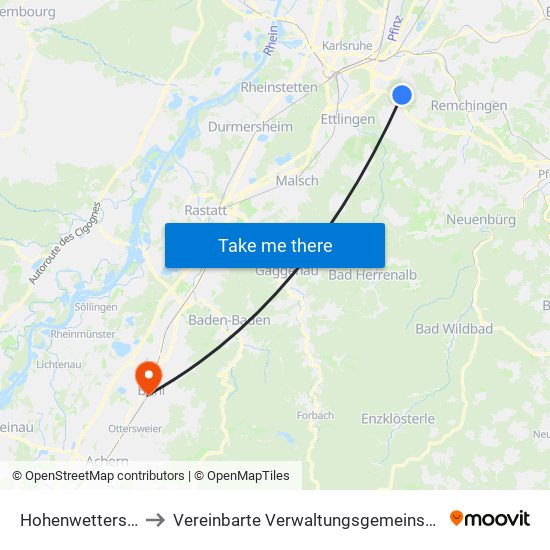 Hohenwettersbach to Vereinbarte Verwaltungsgemeinschaft Bühl map