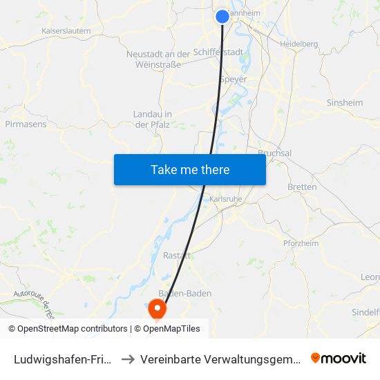 Ludwigshafen-Friesenheim to Vereinbarte Verwaltungsgemeinschaft Bühl map