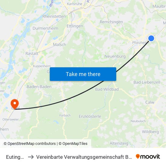 Eutingen to Vereinbarte Verwaltungsgemeinschaft Bühl map