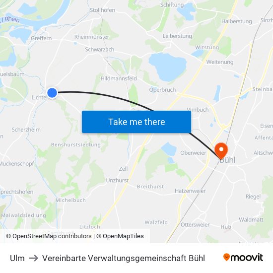 Ulm to Vereinbarte Verwaltungsgemeinschaft Bühl map