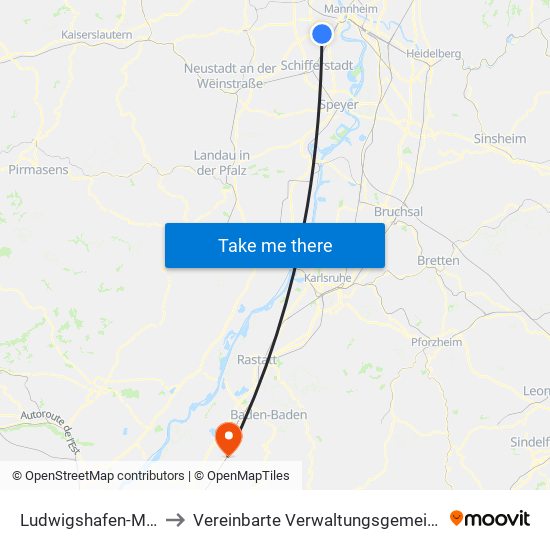 Ludwigshafen-Maudach to Vereinbarte Verwaltungsgemeinschaft Bühl map