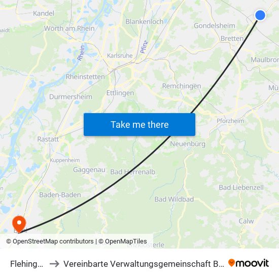 Flehingen to Vereinbarte Verwaltungsgemeinschaft Bühl map