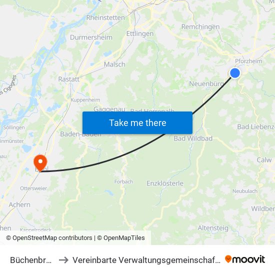 Büchenbronn to Vereinbarte Verwaltungsgemeinschaft Bühl map