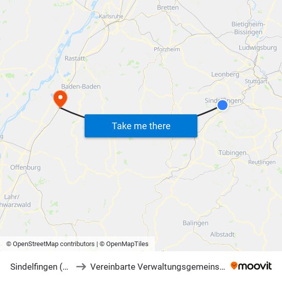 Sindelfingen (Stadt) to Vereinbarte Verwaltungsgemeinschaft Bühl map