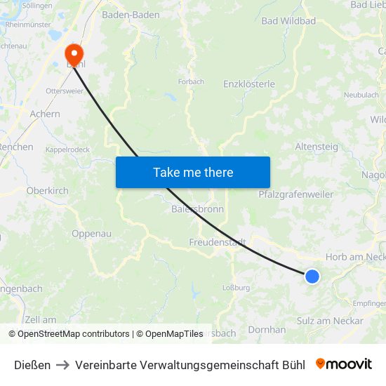 Dießen to Vereinbarte Verwaltungsgemeinschaft Bühl map