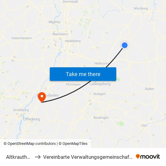 Altkrautheim to Vereinbarte Verwaltungsgemeinschaft Bühl map