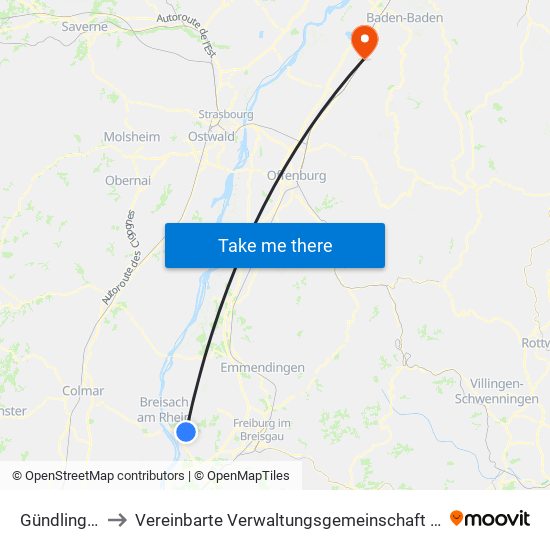 Gündlingen to Vereinbarte Verwaltungsgemeinschaft Bühl map