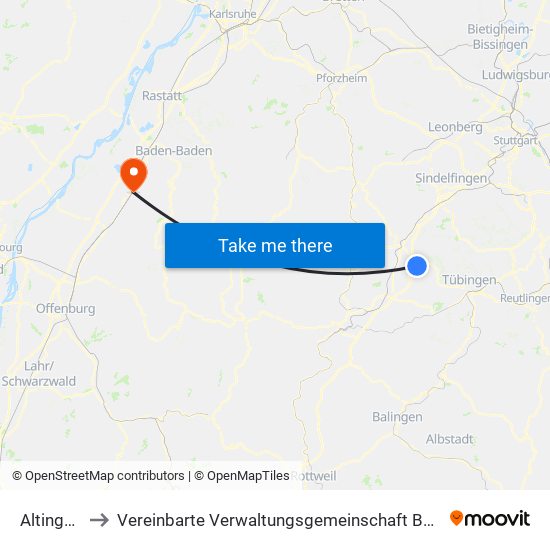 Altingen to Vereinbarte Verwaltungsgemeinschaft Bühl map