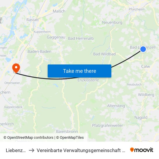 Liebenzell to Vereinbarte Verwaltungsgemeinschaft Bühl map
