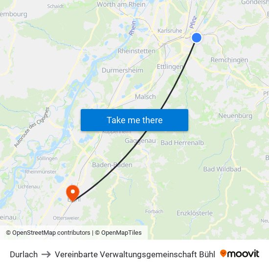 Durlach to Vereinbarte Verwaltungsgemeinschaft Bühl map