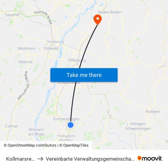 Kollmarsreute to Vereinbarte Verwaltungsgemeinschaft Bühl map