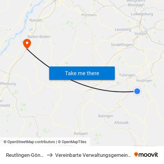 Reutlingen-Gönningen to Vereinbarte Verwaltungsgemeinschaft Bühl map