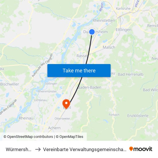 Würmersheim to Vereinbarte Verwaltungsgemeinschaft Bühl map