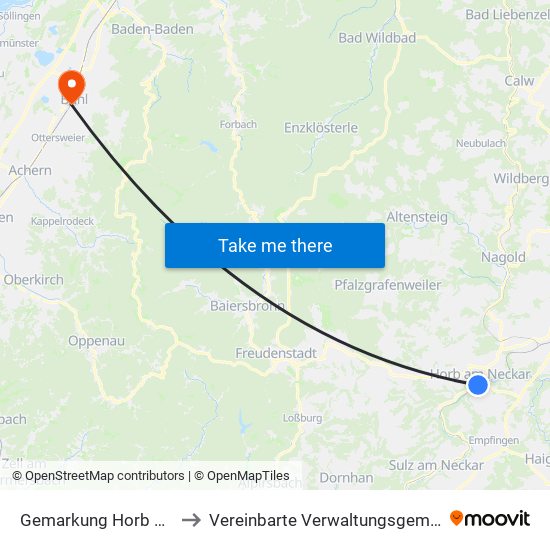 Gemarkung Horb am Neckar to Vereinbarte Verwaltungsgemeinschaft Bühl map