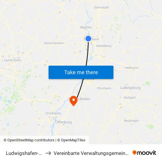 Ludwigshafen-Oppau to Vereinbarte Verwaltungsgemeinschaft Bühl map