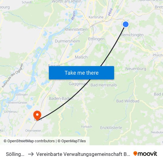 Söllingen to Vereinbarte Verwaltungsgemeinschaft Bühl map