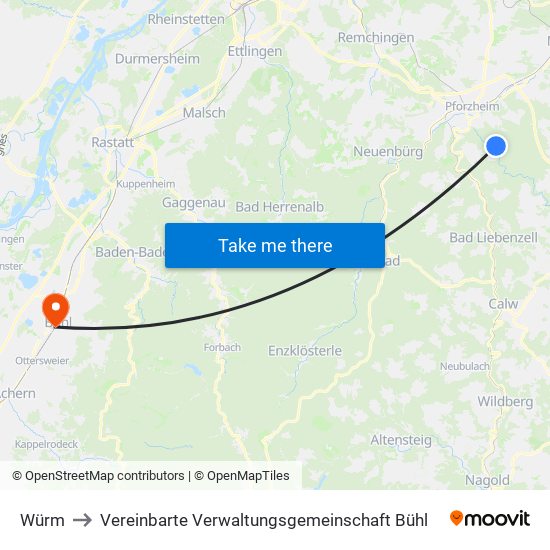 Würm to Vereinbarte Verwaltungsgemeinschaft Bühl map