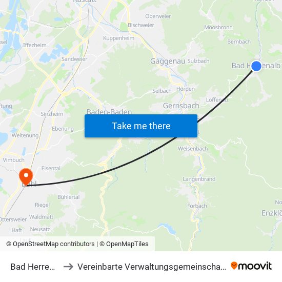 Bad Herrenalb to Vereinbarte Verwaltungsgemeinschaft Bühl map