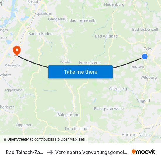 Bad Teinach-Zavelstein to Vereinbarte Verwaltungsgemeinschaft Bühl map