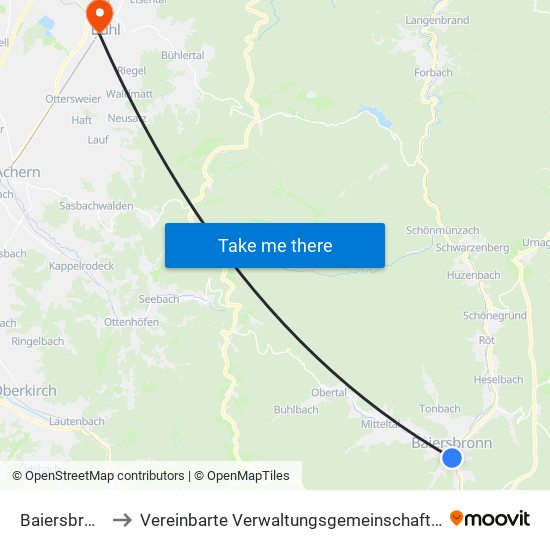 Baiersbronn to Vereinbarte Verwaltungsgemeinschaft Bühl map