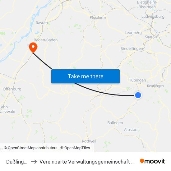 Dußlingen to Vereinbarte Verwaltungsgemeinschaft Bühl map