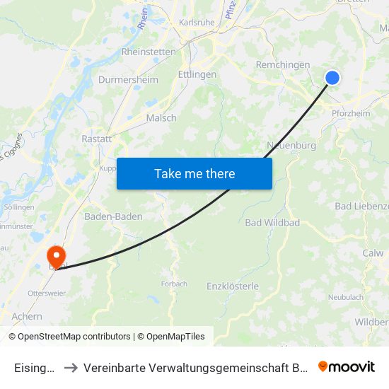 Eisingen to Vereinbarte Verwaltungsgemeinschaft Bühl map