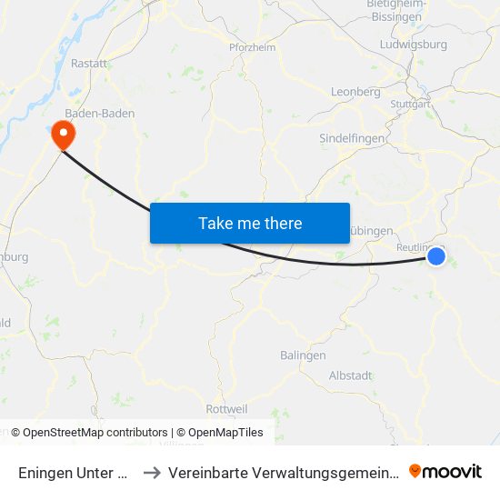 Eningen Unter Achalm to Vereinbarte Verwaltungsgemeinschaft Bühl map