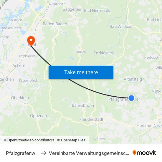 Pfalzgrafenweiler to Vereinbarte Verwaltungsgemeinschaft Bühl map