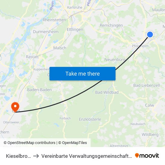 Kieselbronn to Vereinbarte Verwaltungsgemeinschaft Bühl map