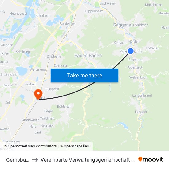 Gernsbach to Vereinbarte Verwaltungsgemeinschaft Bühl map