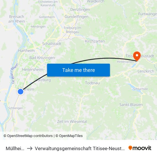 Müllheim to Verwaltungsgemeinschaft Titisee-Neustadt map