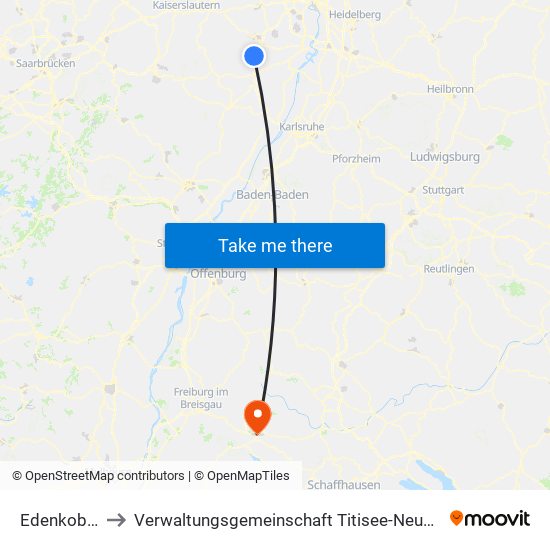 Edenkoben to Verwaltungsgemeinschaft Titisee-Neustadt map