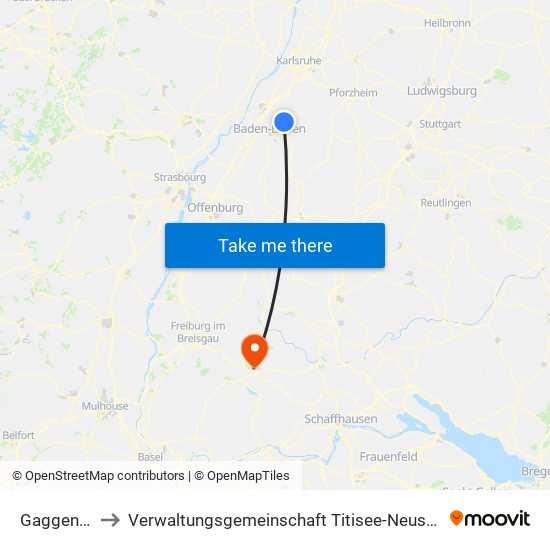 Gaggenau to Verwaltungsgemeinschaft Titisee-Neustadt map