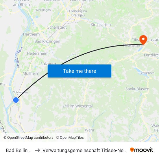 Bad Bellingen to Verwaltungsgemeinschaft Titisee-Neustadt map