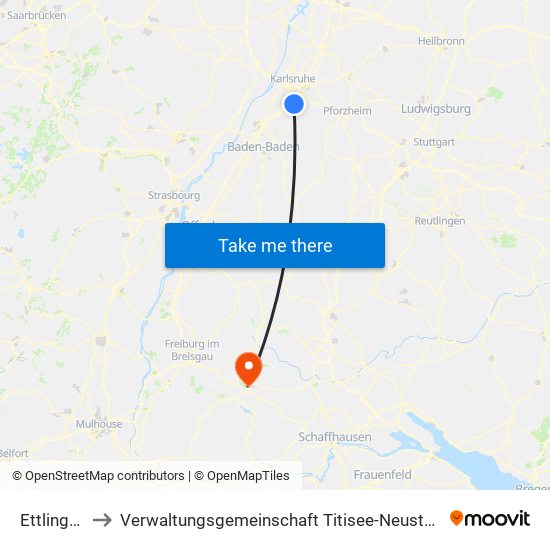 Ettlingen to Verwaltungsgemeinschaft Titisee-Neustadt map