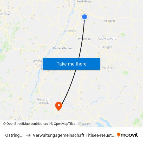 Östringen to Verwaltungsgemeinschaft Titisee-Neustadt map