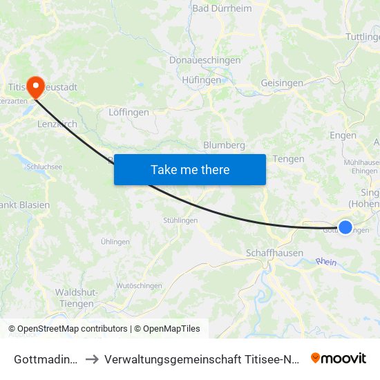 Gottmadingen to Verwaltungsgemeinschaft Titisee-Neustadt map