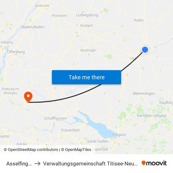 Asselfingen to Verwaltungsgemeinschaft Titisee-Neustadt map